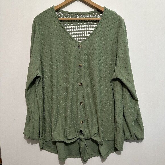 New York Laundry Womens Green Swiss Dot Crochet Lace Tie Front Blouse 2X Boho - Picture 1 of 6